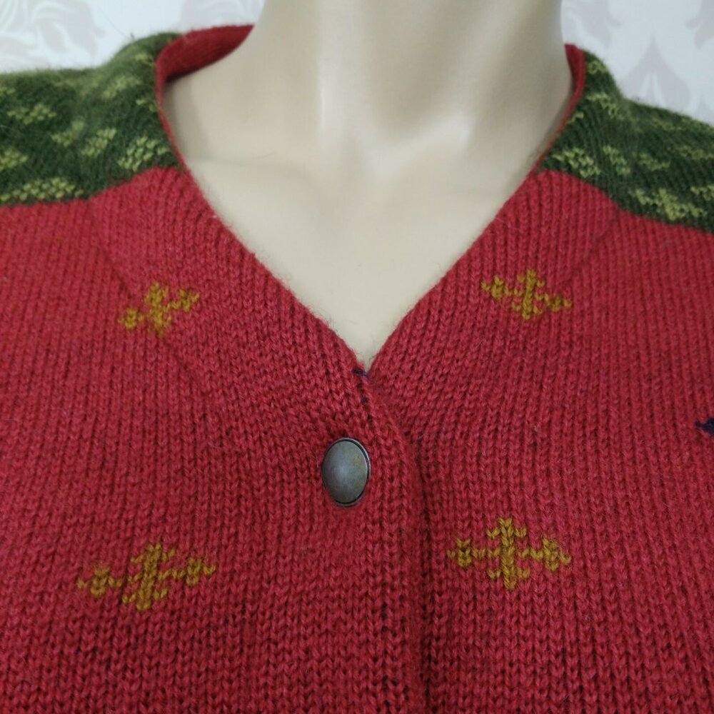 Vintage 90s Aztec Wool Cardigan Sweater Womens M Red Green Button Front - Picture 3 of 12